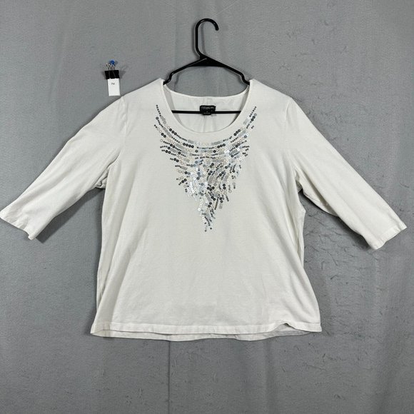 Claudia EV Womens Pullover Top Short Sleeve Blouse Round Neck White Plus Size 1X - Picture 1 of 10
